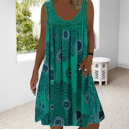 ⏰Women Summer O-Neck Sleeveless Print Dress