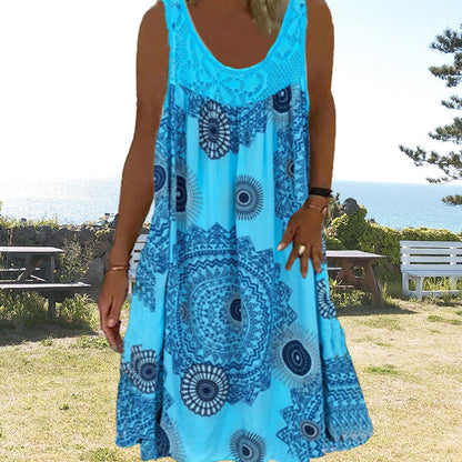 ⏰Women Summer O-Neck Sleeveless Print Dress