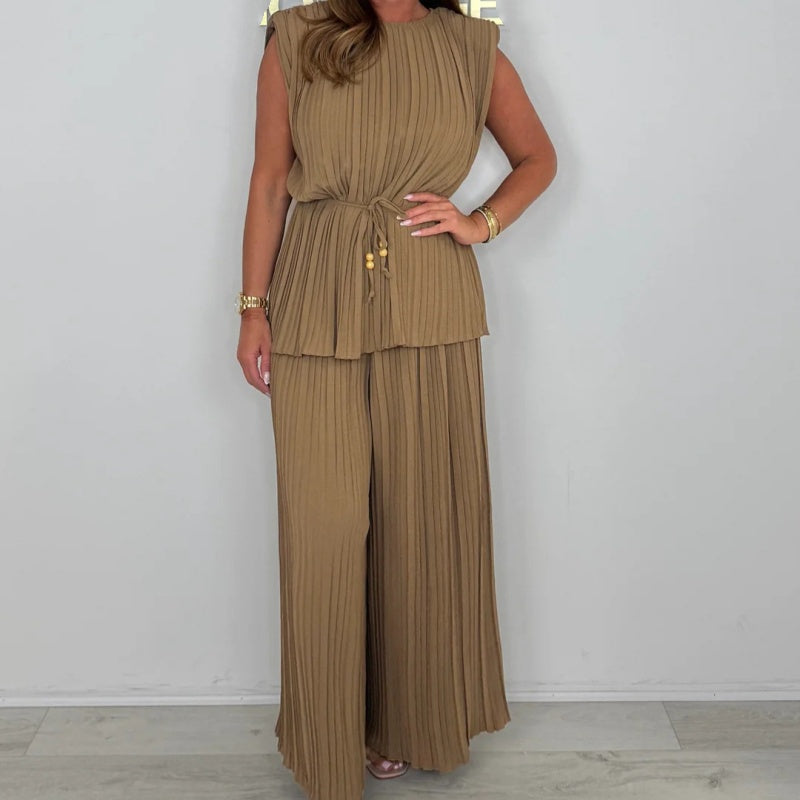 Women's Sleeveless Belted Top and Long Pants Set