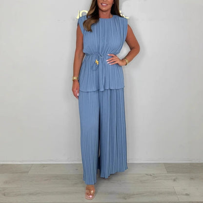 Women's Sleeveless Belted Top and Long Pants Set
