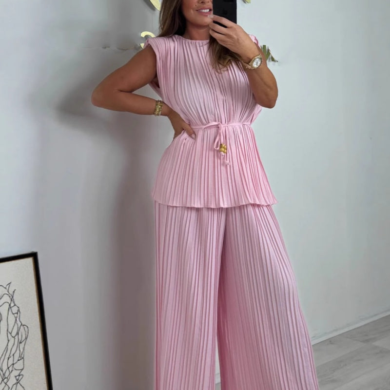 Women's Sleeveless Belted Top and Long Pants Set