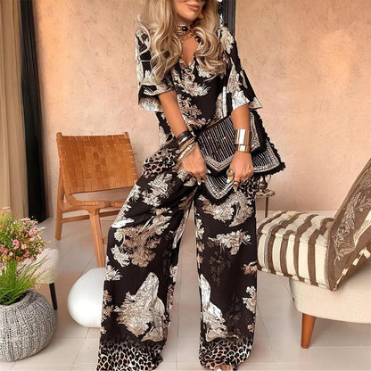 Printed V-neck set | A set of solutions to wear, casual and fashionable, not tired of wearing every day