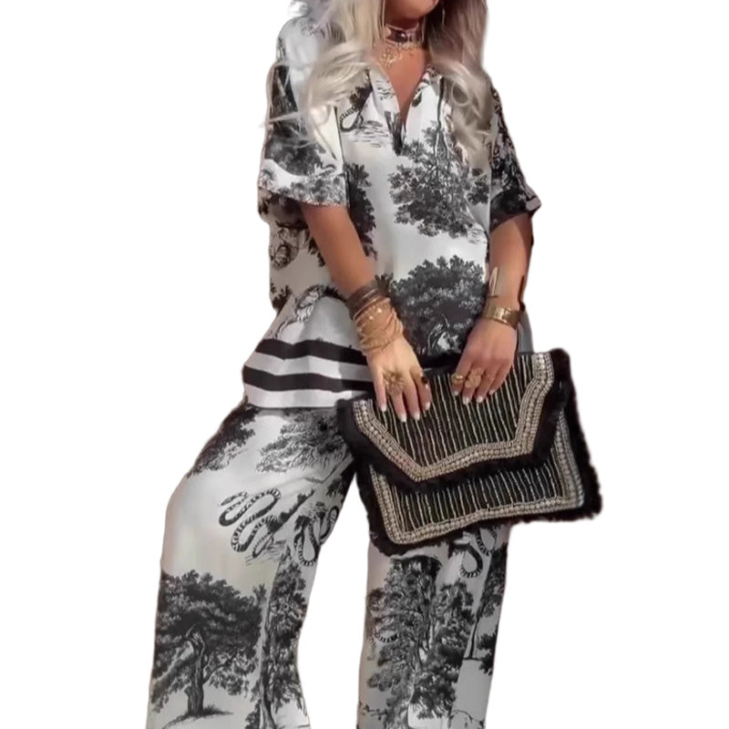Printed V-neck set | A set of solutions to wear, casual and fashionable, not tired of wearing every day