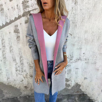 Women's Color Block Open Front Hooded Coat