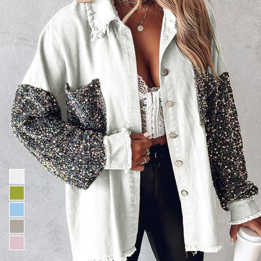 🔥Hot Sale 49% OFF⏳Women's Trendy Sequin Patchwork Coat with Raw Hem