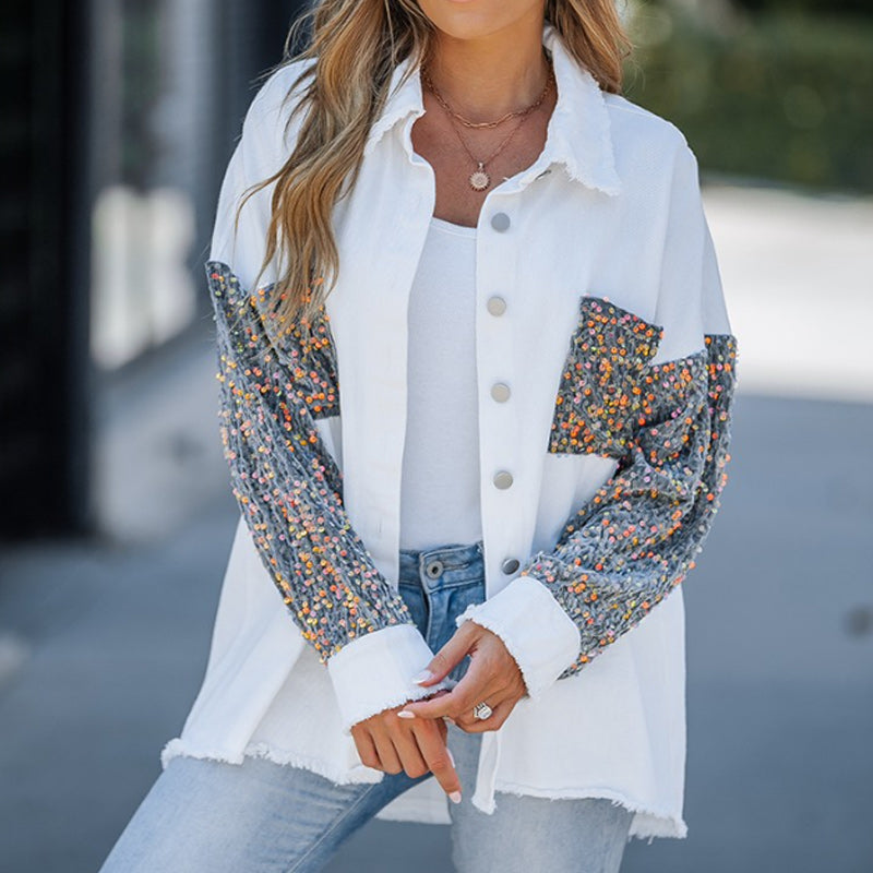 🔥Hot Sale 49% OFF⏳Women's Trendy Sequin Patchwork Coat with Raw Hem