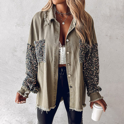 🔥Hot Sale 49% OFF⏳Women's Trendy Sequin Patchwork Coat with Raw Hem