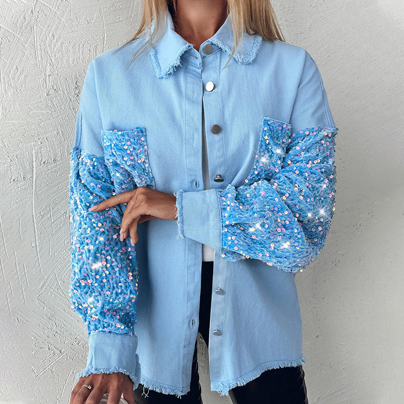 🔥Hot Sale 49% OFF⏳Women's Trendy Sequin Patchwork Coat with Raw Hem
