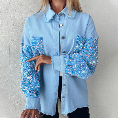 🔥Hot Sale 49% OFF⏳Women's Trendy Sequin Patchwork Coat with Raw Hem