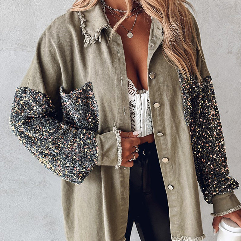 🔥Hot Sale 49% OFF⏳Women's Trendy Sequin Patchwork Coat with Raw Hem