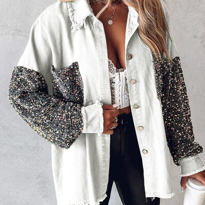 🔥Hot Sale 49% OFF⏳Women's Trendy Sequin Patchwork Coat with Raw Hem