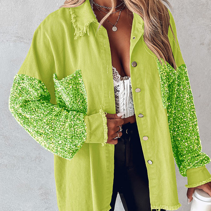🔥Hot Sale 49% OFF⏳Women's Trendy Sequin Patchwork Coat with Raw Hem