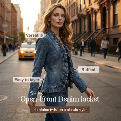 🧥  Women's Denim Jacket with Ruffles & Open Front – Lightweight & Feminine – Versatile & Chic 👗