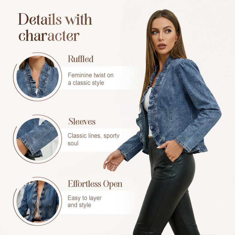 🧥  Women's Denim Jacket with Ruffles & Open Front – Lightweight & Feminine – Versatile & Chic 👗