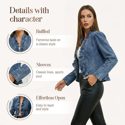🧥  Women's Denim Jacket with Ruffles & Open Front – Lightweight & Feminine – Versatile & Chic 👗