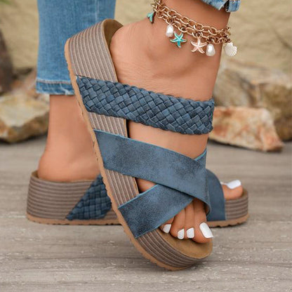 Women's Wedge Sandals – Criss-Cross Strap, Slip-On, Comfortable