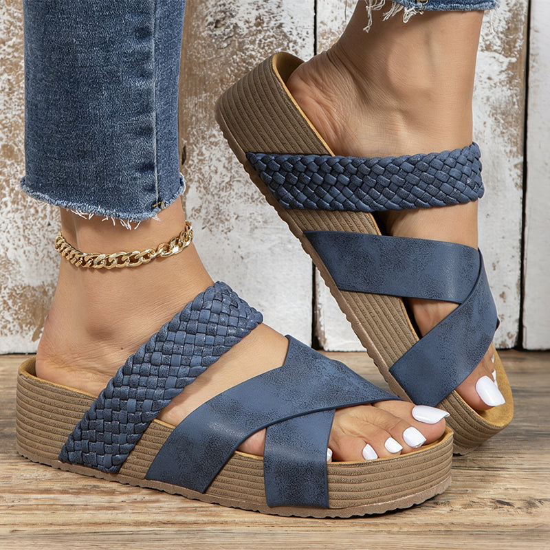Women's Wedge Sandals – Criss-Cross Strap, Slip-On, Comfortable