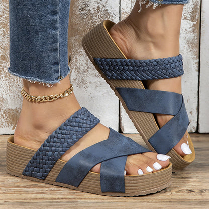 Women's Wedge Sandals – Criss-Cross Strap, Slip-On, Comfortable