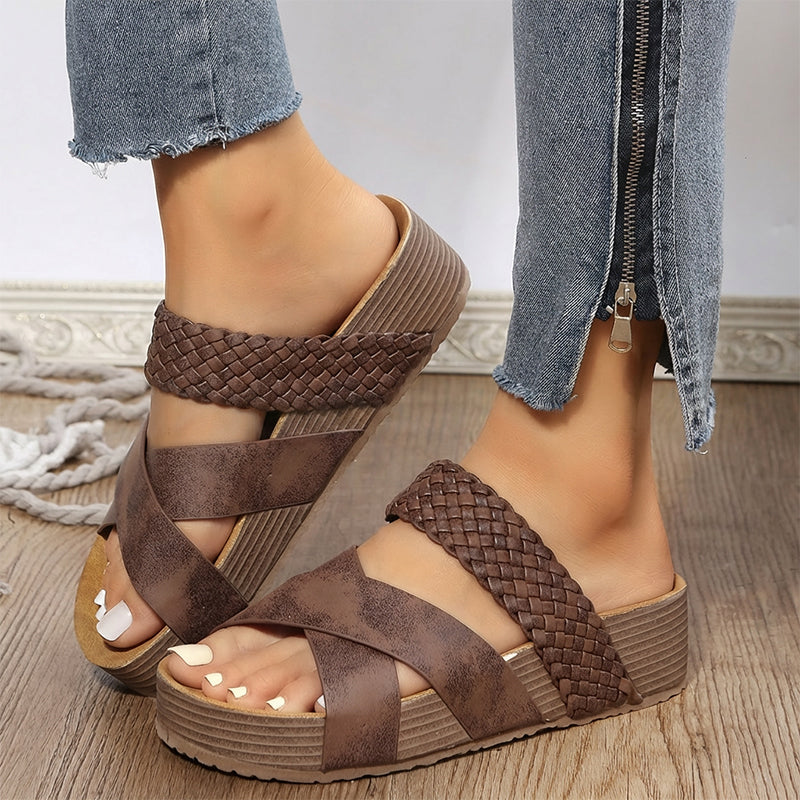 Women's Wedge Sandals – Criss-Cross Strap, Slip-On, Comfortable