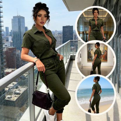 👗2026 New Style! 🌟 Short Sleeve Button-Front Jumpsuit for Women – Drawstring Waist, Jogger Cuffs 🍃
