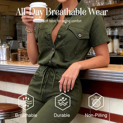 👗2026 New Style! 🌟 Short Sleeve Button-Front Jumpsuit for Women – Drawstring Waist, Jogger Cuffs 🍃