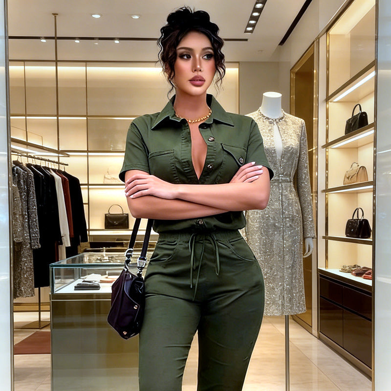 👗2026 New Style! 🌟 Short Sleeve Button-Front Jumpsuit for Women – Drawstring Waist, Jogger Cuffs 🍃