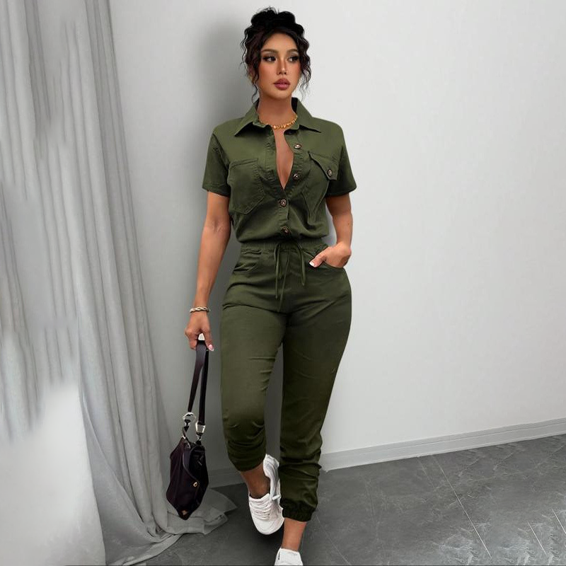 👗2026 New Style! 🌟 Short Sleeve Button-Front Jumpsuit for Women – Drawstring Waist, Jogger Cuffs 🍃