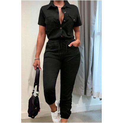 👗2026 New Style! 🌟 Short Sleeve Button-Front Jumpsuit for Women – Drawstring Waist, Jogger Cuffs 🍃