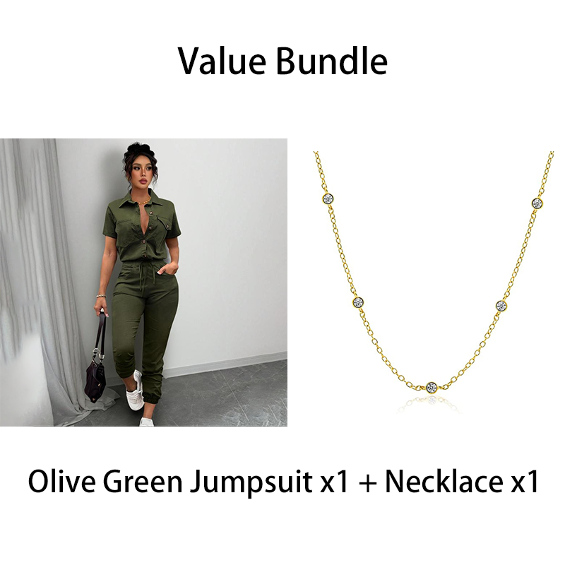 👗2026 New Style! 🌟 Short Sleeve Button-Front Jumpsuit for Women – Drawstring Waist, Jogger Cuffs 🍃