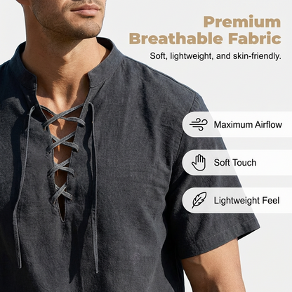 👕 50% OFF NOW! 🏖️ Men’s Casual Lace-Up Short Sleeve Shirt – Breathable Linen Blend ☀️