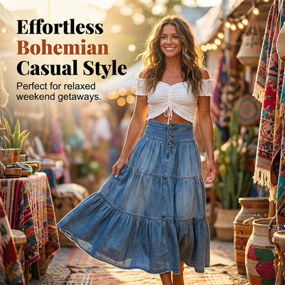 👗 LIMITED-TIME 40% OFF! ✨ Denim Maxi Skirt – High Waist, Tiered, A-Line, Button Front ✨