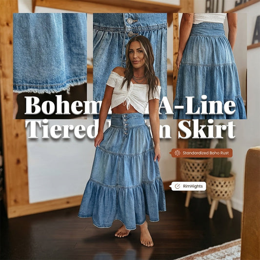 👗 LIMITED-TIME 40% OFF! ✨ Denim Maxi Skirt – High Waist, Tiered, A-Line, Button Front ✨