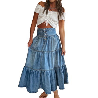👗 LIMITED-TIME 40% OFF! ✨ Denim Maxi Skirt – High Waist, Tiered, A-Line, Button Front ✨