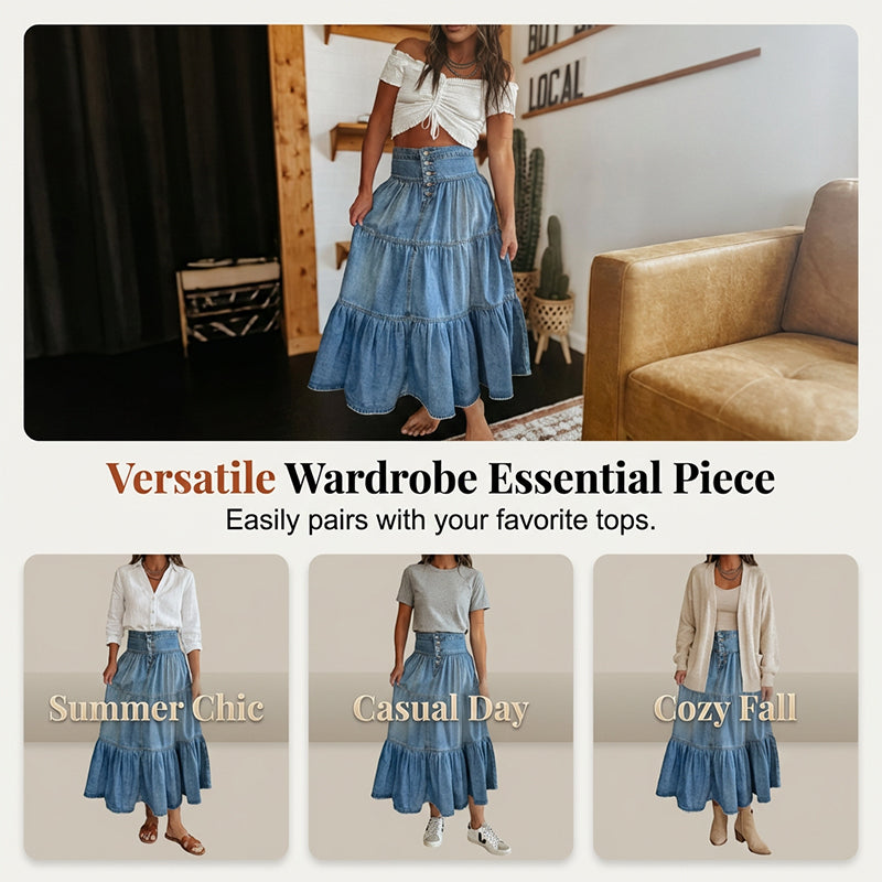 👗 LIMITED-TIME 40% OFF! ✨ Denim Maxi Skirt – High Waist, Tiered, A-Line, Button Front ✨