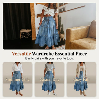 👗 LIMITED-TIME 40% OFF! ✨ Denim Maxi Skirt – High Waist, Tiered, A-Line, Button Front ✨