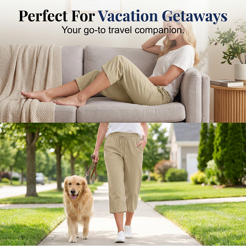 Women's Casual Cotton Linen Capri Pants with Pockets