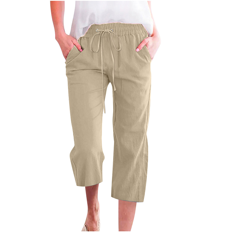 Women's Casual Cotton Linen Capri Pants with Pockets