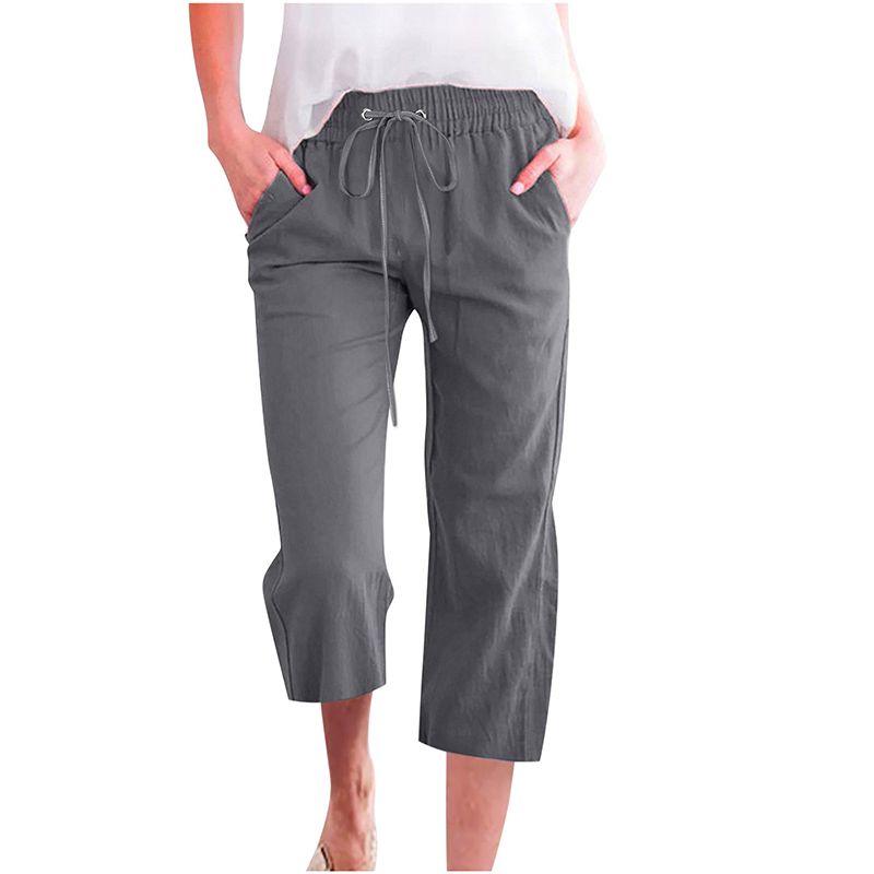 Women's Casual Cotton Linen Capri Pants with Pockets