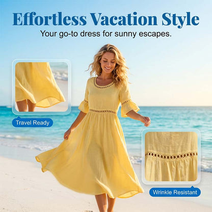 Women's Eyelet Flared Sleeve Midi Dress