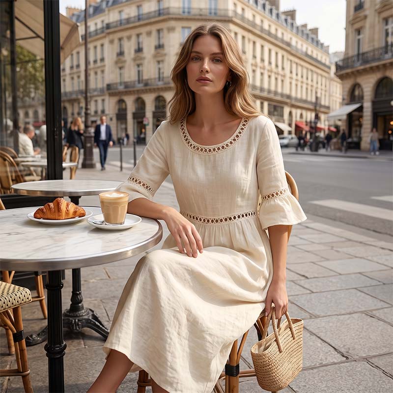 Women's Eyelet Flared Sleeve Midi Dress