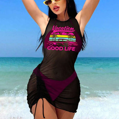 3-Piece Bikini Set with Graphic Cover-Up