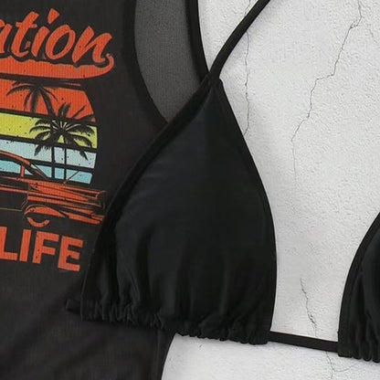 3-Piece Bikini Set with Graphic Cover-Up