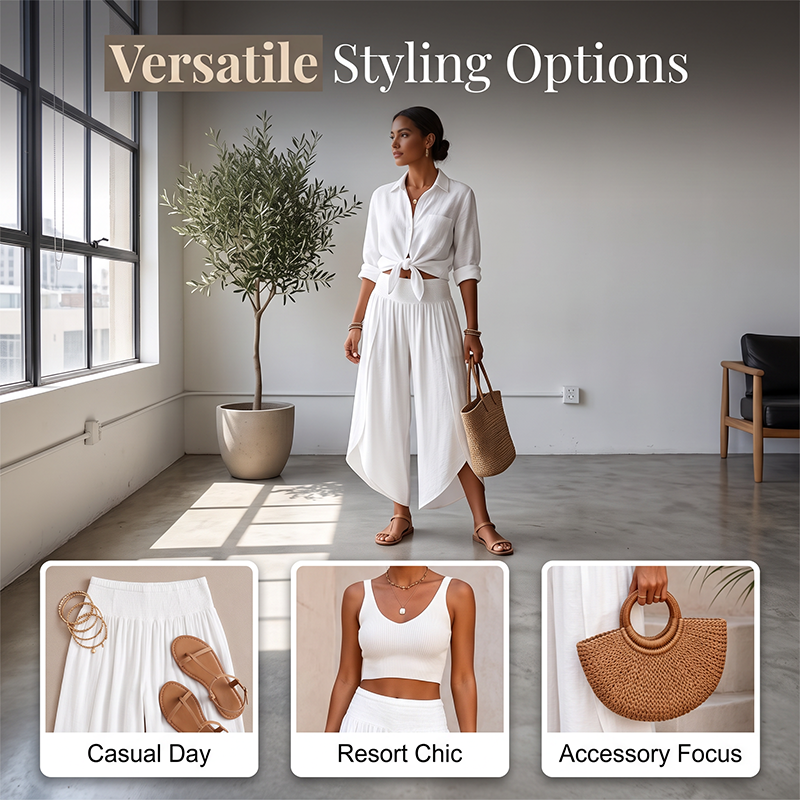 Women Summer Casual Smocked Waist Loose Fit Split Palazzo Pants