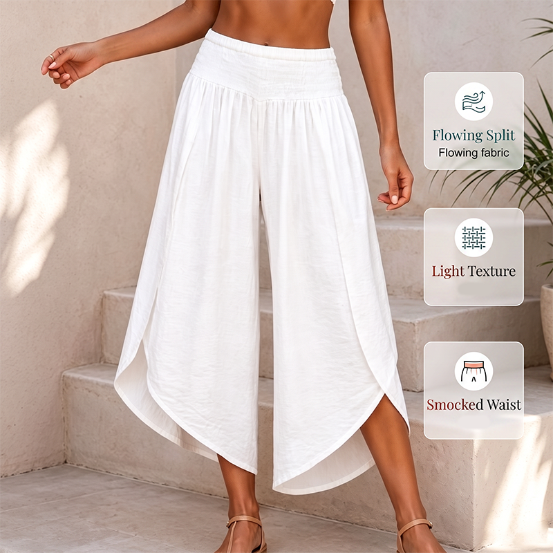 Women Summer Casual Smocked Waist Loose Fit Split Palazzo Pants
