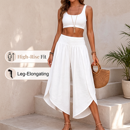 Women Summer Casual Smocked Waist Loose Fit Split Palazzo Pants