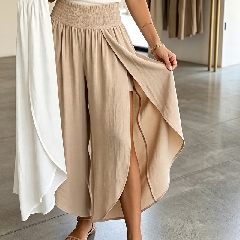 Women Summer Casual Smocked Waist Loose Fit Split Palazzo Pants