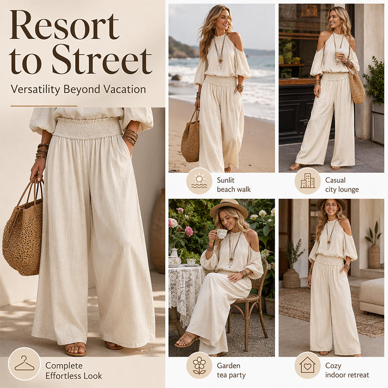 🎉 LIMITED TIME 50% OFF! 🌸 Women's Cold Shoulder Halter Neck Top & Wide-Leg Trousers Set – Boho Elegance & Linen-Like Breathability ✨