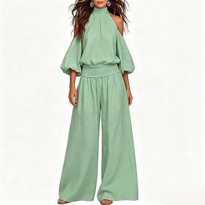 🎉 LIMITED TIME 50% OFF! 🌸 Women's Cold Shoulder Halter Neck Top & Wide-Leg Trousers Set – Boho Elegance & Linen-Like Breathability ✨
