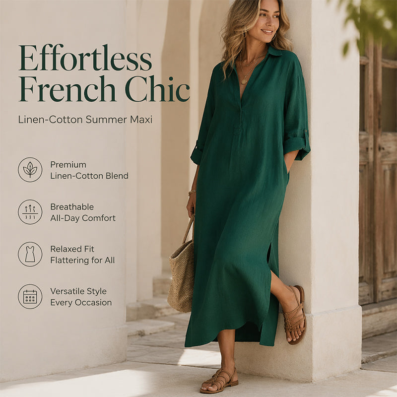 Women Loose Cotton Linen Shirt Maxi Dress