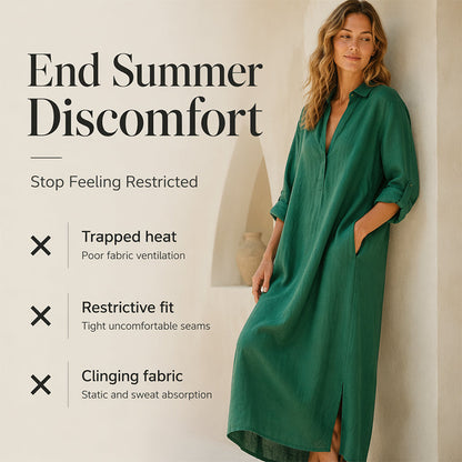 Women Loose Cotton Linen Shirt Maxi Dress
